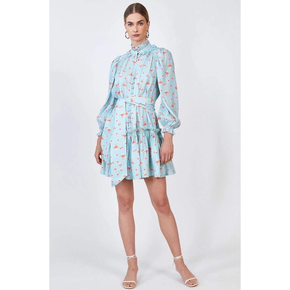 Hunter Bell Blakely Dress Blue Ikat Flower Floral Clip Dot Mini Long Sleeve‎ XS